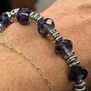 Purple Crystal & Silver Bead Stretch Bracelet